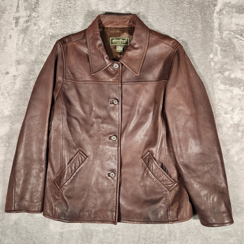 Eddie Bauer Jacket Womens Large Brown Leather Button Front Collared EUC